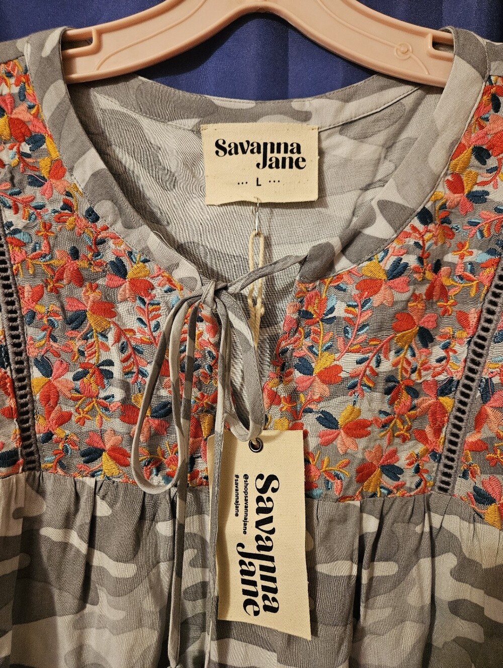 Savanna Jane Gray Camo Tunic with Bright Floral Lovely Embroidered Design - Picture 4 of 7
